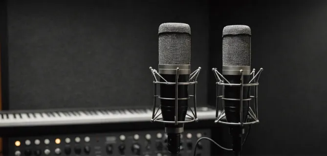 two microphones in front of a piano
