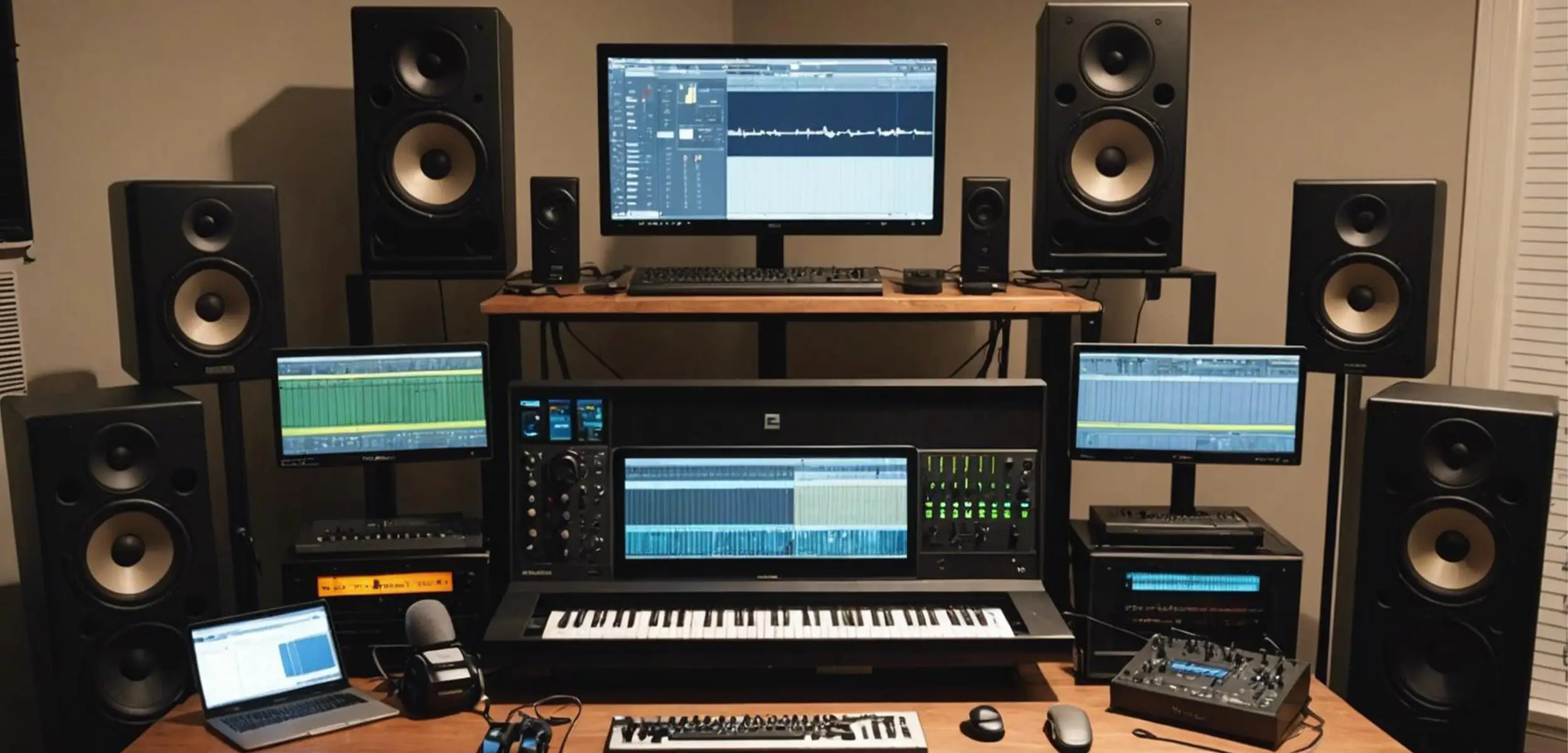 a computer and speakers on a desk