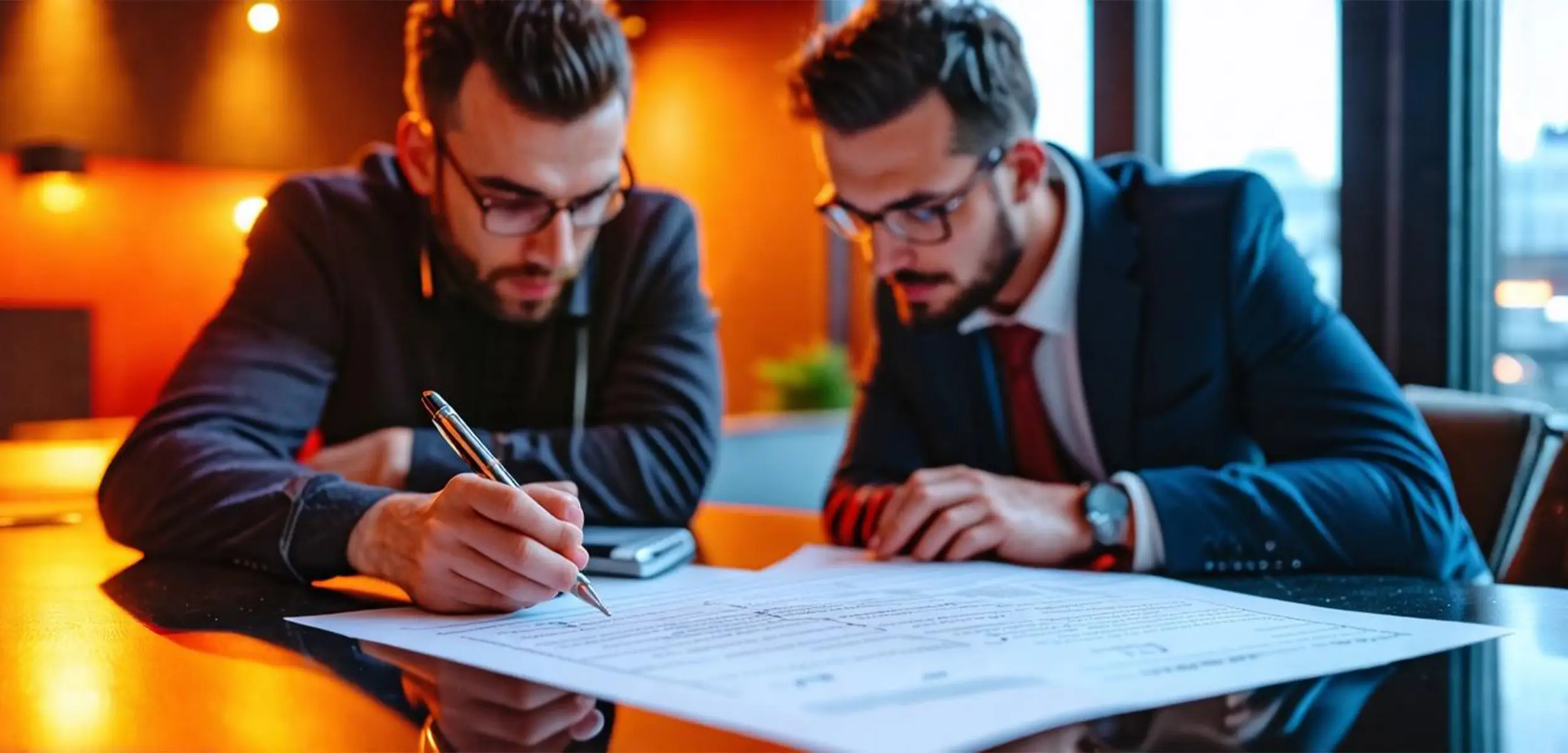 a couple of men looking at a paper