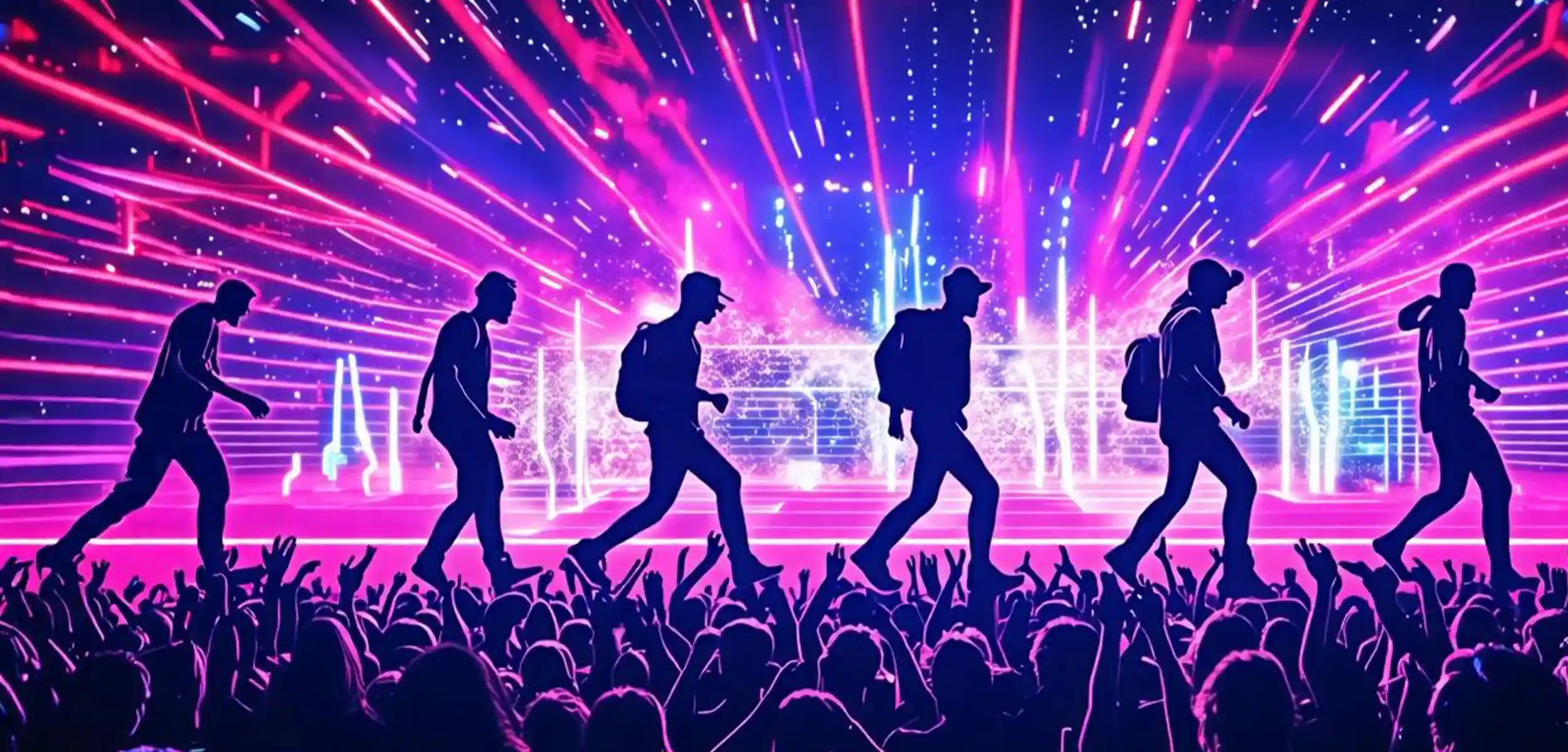 a group of people walking on a stage with a crowd of people